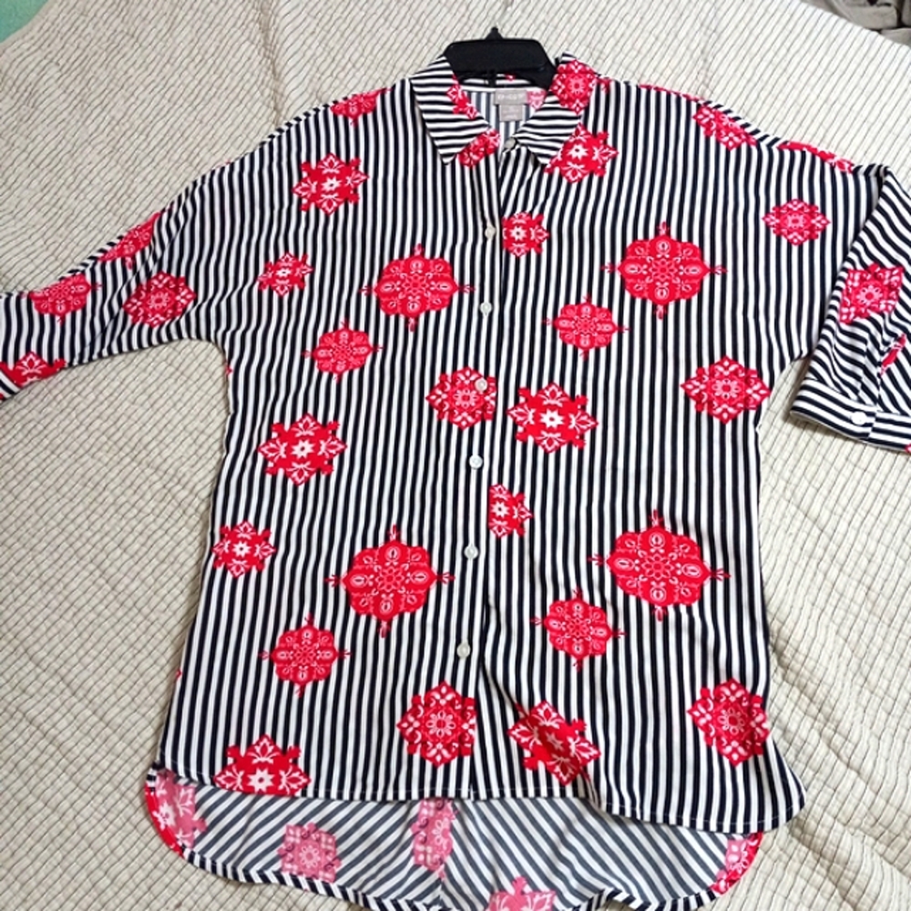 Chico's Striped Blouse with Red Floral Design